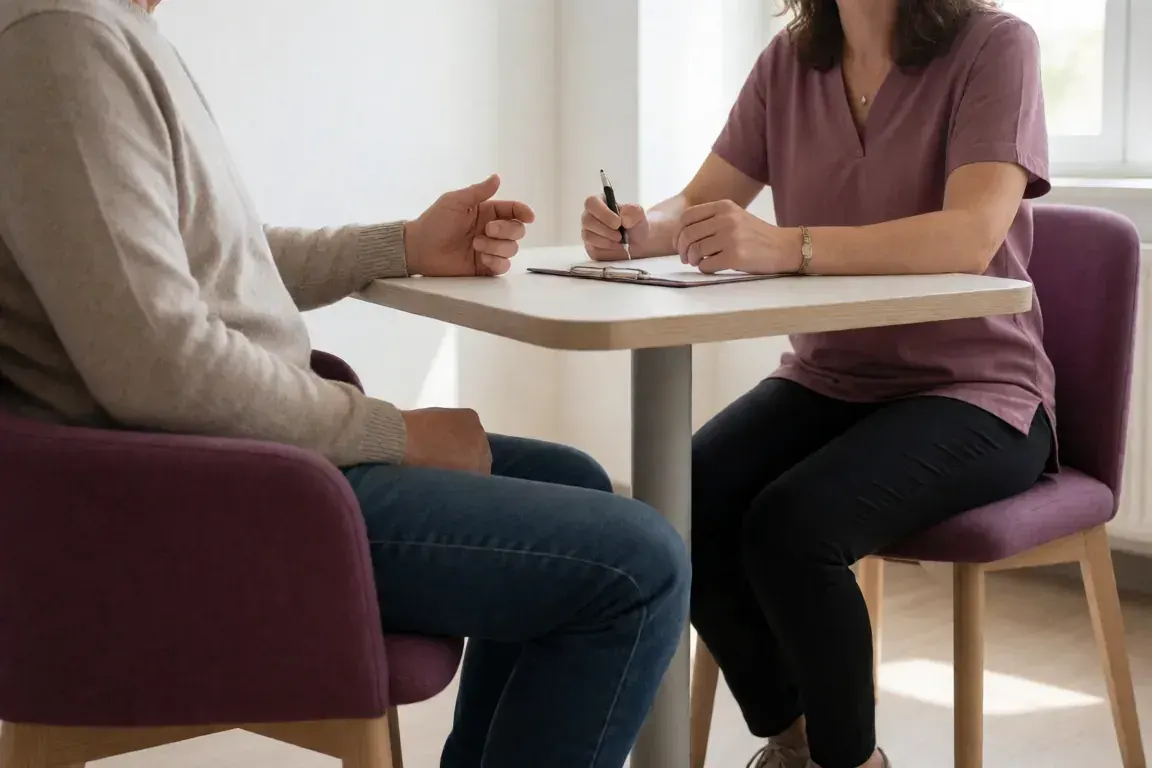Temps d'échange assis autour d'une table de consultation
